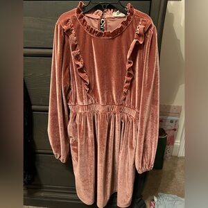 Hayden Girls' Velvet Ruffle long sleeve Dress in Pink mauve color large EUC